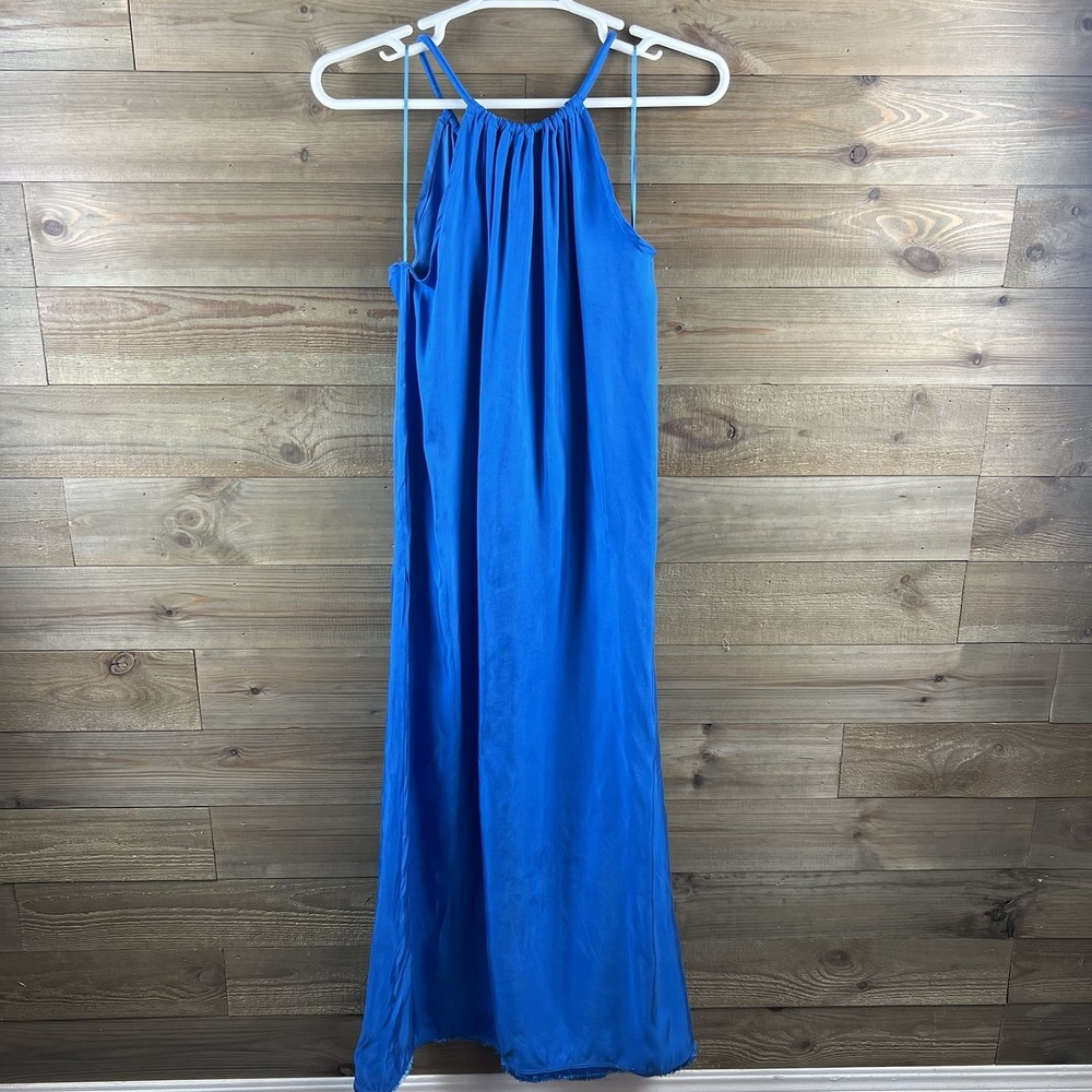 Melloday Womens Dress Sleeveless Halter Pockets Fringe Hem Blue Size Small